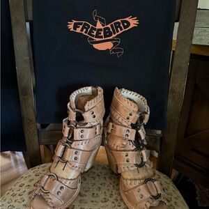 Freebird Tan Heeled Boots with Buckles